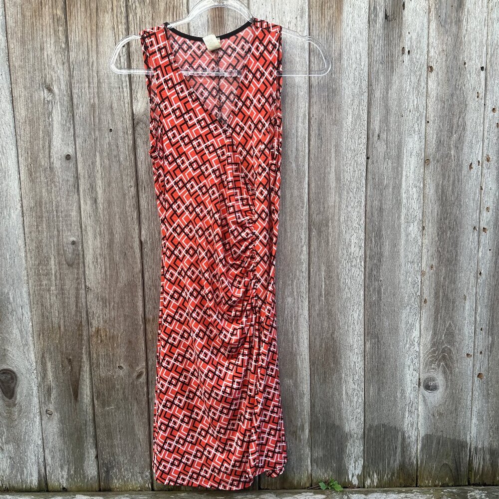 Vintage Geometric Deep V Neck Sleeveless Midi Dress Large